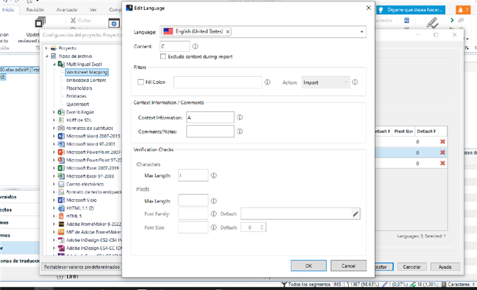 Trados Studio language settings window for English with context information column set to A, and character and pixel length settings left blank.