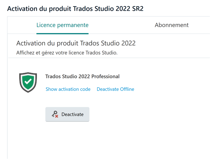 Trados Studio 2022 SR2 product activation screen showing a permanent license with options to show activation code, deactivate offline, and a Deactivate button.