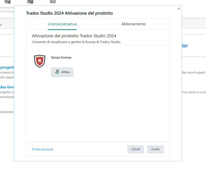 Trados Studio 2024 Product Activation window showing 'No License' with an 'Activate' button and a 'Close' button.