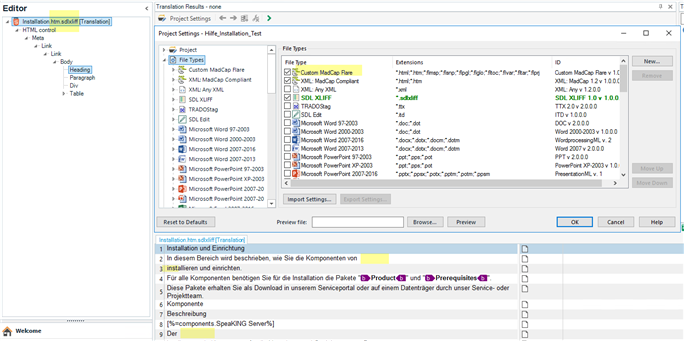 Trados Studio project settings window showing file types list with 'Custom Matcha Recipe' selected and 'IsStandardCustomization' set to 'false'.