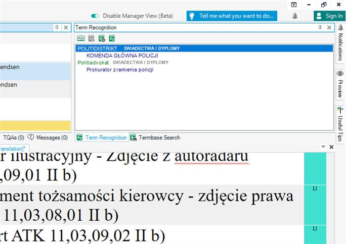 Trados Studio translation workspace with Term Recognition pane showing terms from 'SWIADECTWA I DYPLOMY' termbase.