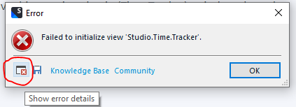 Error dialog box with red X icon, title 'Error', and message 'Failed to initialize view 'Studio.Time.Tracker'. Below are two buttons: 'Knowledge Base' and 'Community', and an 'OK' button. A link 'Show error details' is at the bottom.