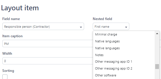 Screenshot of Trados Studio layout item settings showing duplicated 'Native languages' options in the Nested field dropdown for 'Responsible person (Contractor)'.