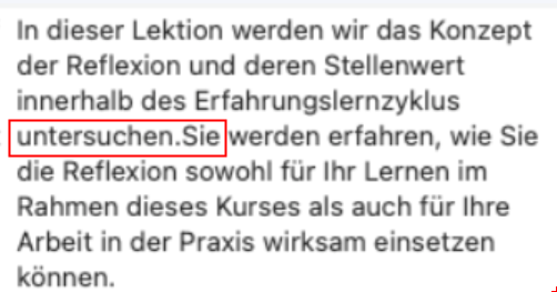 Screenshot of Trados Studio showing a text with a missing space error highlighted in red between the words 'untersuchen' and 'Sie'.