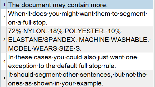 Text sample in Trados Studio showing segmentation with full stops not followed by uppercase letters.
