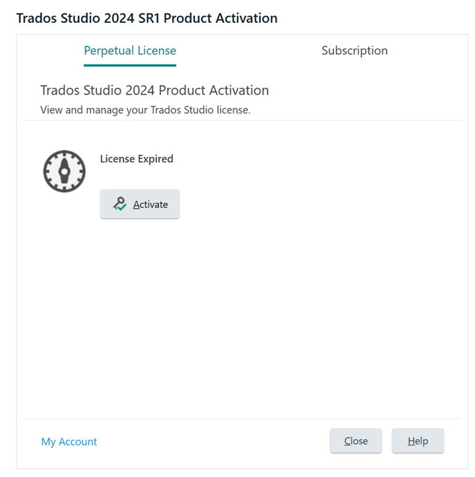 Trados Studio 2024 SR1 Product Activation screen showing 'License Expired' message with an option to activate the license. Buttons for 'Close' and 'Help' are visible at the bottom.
