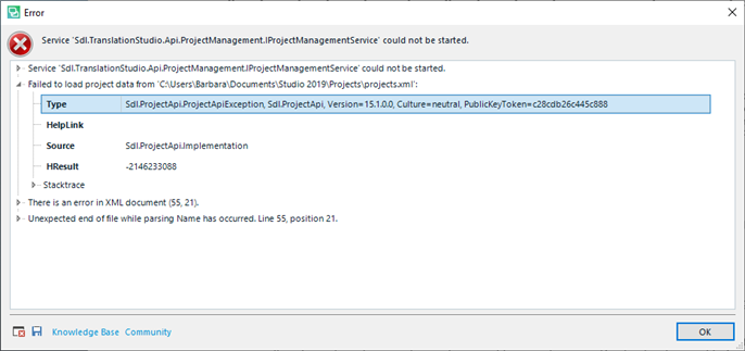 Error message in Trados Studio stating 'Service Sdl.TranslationStudio.Api.ProjectManagement.IProjectManagementService could not be started' with details of the exception and stack trace.
