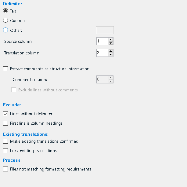 Trados Studio settings window showing options for file delimiter, source and translation column numbers, and checkboxes for various settings including 'Process: Files not matching formatting requirements' which is checked.