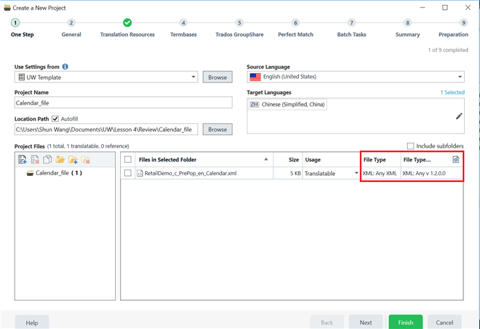 Trados Studio screenshot showing the 'Create a New Project' window with the Calendar XML file added, incorrectly identified as 'XML: Any XML' instead of 'Calendar_file'.