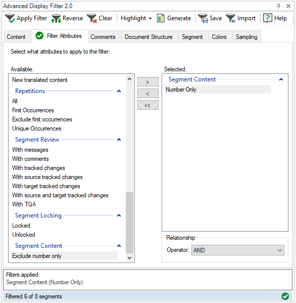 Screenshot of Trados Studio Advanced Display Filter 2.0 with 'Number Only' selected under Segment Content in the Filter Attributes tab.