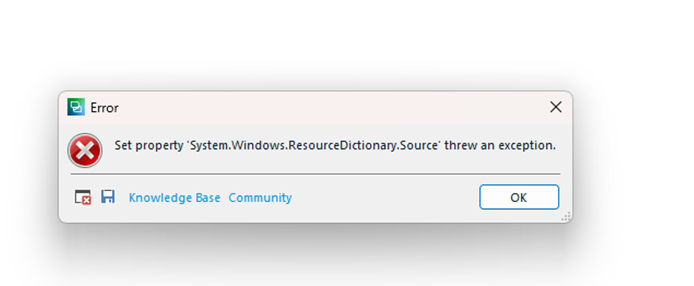 Error dialog box in Trados Studio showing 'Set property 'System.Windows.ResourceDictionary.Source' threw an exception.' with Knowledge Base and Community buttons.