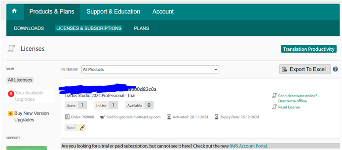 Trados account license page showing a blurred license code for Trados Studio 2024 Professional - Trial with 1 user, in use 1, available 0, and options to deactivate or reset the license.