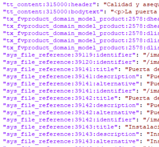 Screenshot of a JSON file in Trados Studio with non-hierarchical strings, including keys for content header, product domain, and file references.