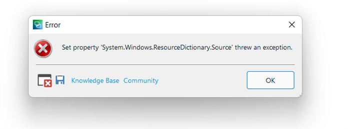 Error dialog box in Trados Studio showing 'Set property 'System.Windows.ResourceDictionary.Source' threw an exception.' with Knowledge Base and Community buttons and an OK button.