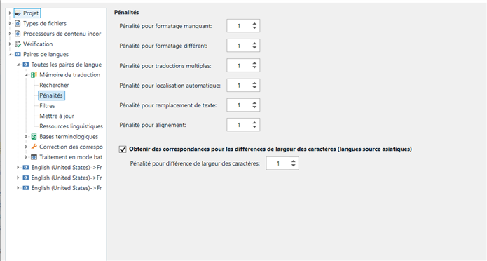 Screenshot of Trados Studio penalty settings for translation memory with options for character width differences.