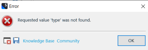 Error dialog box in Trados Studio with a red cross icon displaying the message 'Requested value 'type' was not found.' with options for Knowledge Base and Community.