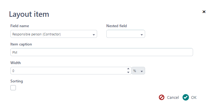 Trados Studio Layout item dialog box with 'Responsible person (Contractor)' selected in Field name and an empty Nested field dropdown.