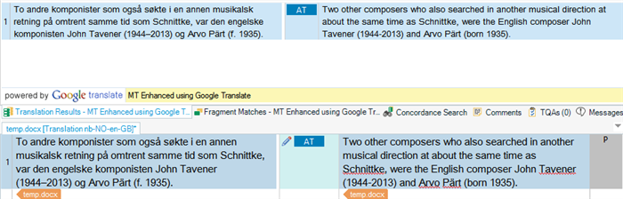 Screenshot of Trados Studio showing a translation comparison between Google Translate and the original text in Norwegian Bokmal, mentioning composers John Tavener and Arvo Part.