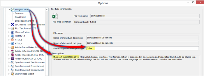 Trados Studio Options dialog showing Bilingual Excel file type settings with file type name, identifier, and description detailing support for Excel 2007-2016 files with bilingual structure.