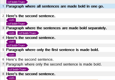 Trados Studio displaying tags and formatting for bold text in segments.