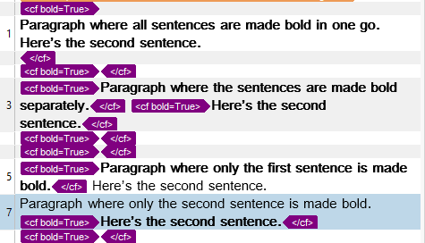 Trados Studio with tags indicating bold formatting applied to entire segments.