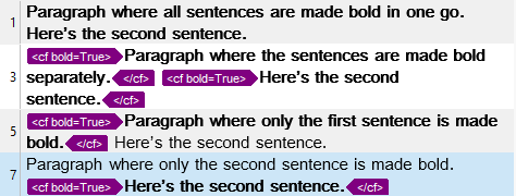 Trados Studio showing tags for bold formatting within individual segments.