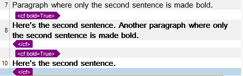 Trados Studio displaying a merged segment with bold formatting tags applied externally.