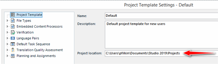 Trados Studio Project Template Settings window showing 'Default' template with project location path set to C:UserspflikinDocumentsStudio 2019Projects.