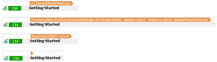 Trados Studio project files list showing 'Getting Started' file with a green checkmark indicating completion.