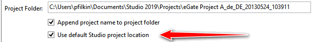 Trados Studio project creation window with 'Use default Studio project location' option checked and project folder path displayed.
