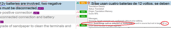 Trados Studio QA check showing an error message for the target segment 'cintur n3 or 3cinturones' found in source but not in target.