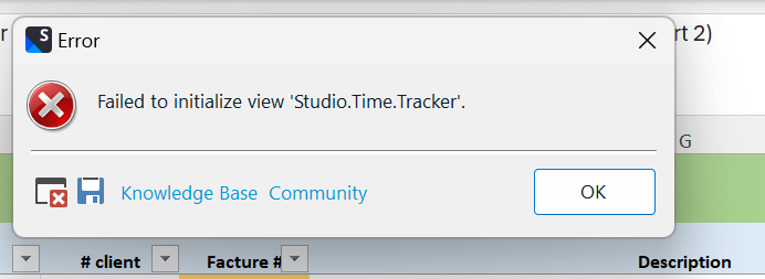 Error dialog box with a red cross symbol displaying the message 'Failed to initialize view Studio.Time.Tracker' with 'OK' button and 'Knowledge Base Community' link.