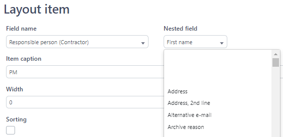 Screenshot of Trados Studio layout item settings for 'Responsible person (Contractor)' with 'First name' selected in the Nested field dropdown and other options like Address, Alternative e-mail, Archive reason listed.