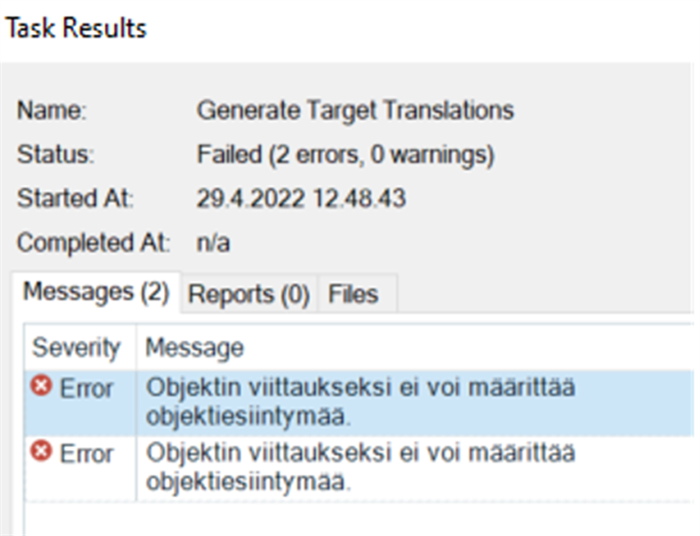 Two error messages in Trados Studio, both stating 'Object reference not set to an instance of an object' in Finnish.
