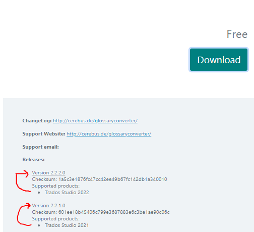 Screenshot of Glossary Plugin download page showing version 2.2.2.0 compatible with Trados Studio 2022 and version 2.2.1.0 compatible with Trados Studio 2021.