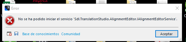 Error message in Trados Studio stating 'The service 'Sdl.TranslationStudio.AlignmentEditor.AlignmentEditorService' could not be started'. With an 'Accept' button and links to 'Knowledge Base' and 'Community'.