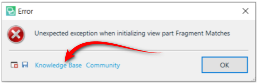 Error dialog box in Trados Studio with a red X icon, displaying the message 'Unexpected exception when initializing view part Fragment Matches'. A red arrow points to the 'Knowledge Base' link.