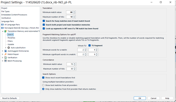 Screenshot of Trados Studio project settings with translation match value set to 80% and options for using multiple translation providers.