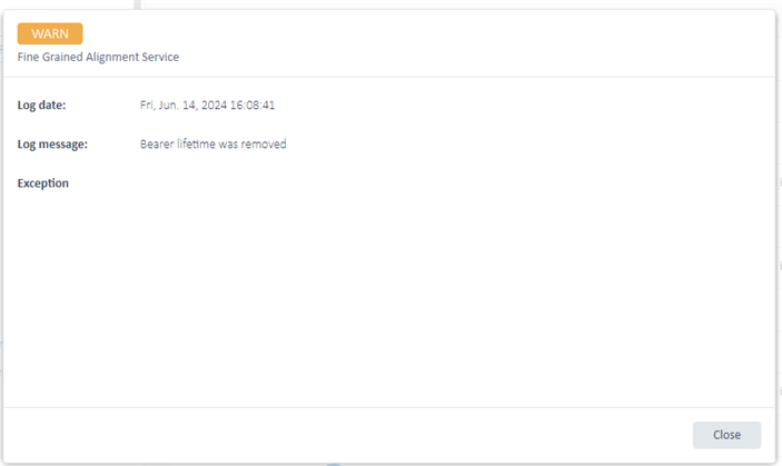 Warning message from Fine Grained Alignment Service with log date Fri, Jun. 14, 2024 16:08:41 and message 'Bearer lifetime was removed'.