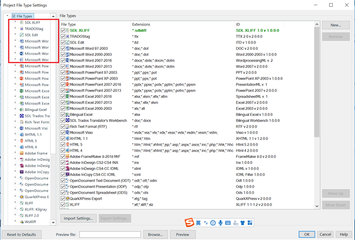 Trados Studio screenshot of the 'Project File Type Settings' window, showing a list of file types but missing the 'Calendar_file' type in the list.