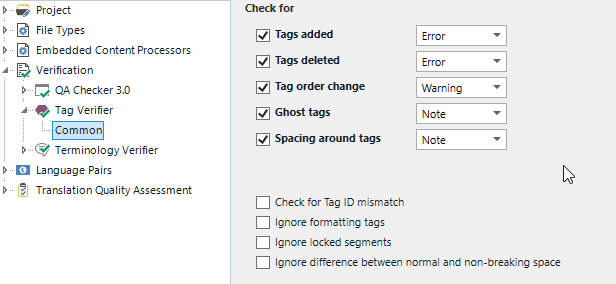 Trados Studio verification settings showing 'Ignore formatting tags' unchecked and 'Tags added' set to Error.