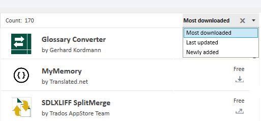 Trados Studio app selection screen showing a count of 170 apps. Displayed apps include Glossary Converter, MyMemory, and SDLXLIFF SplitMerge with sorting options for Most downloaded, Last updated, and Newly added.