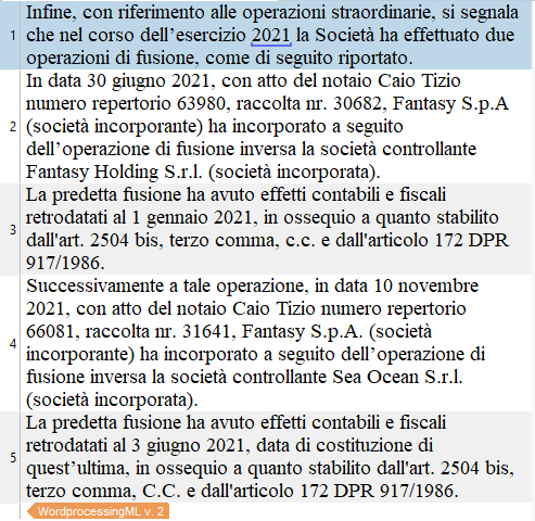 Screenshot of a Trados Studio document with Italian text, highlighting the use of abbreviations like 'nr.', 'S.r.l.', 'dall'art.', and 'S.p.A.' within the text.