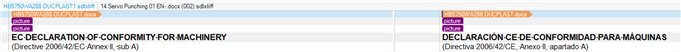Two Trados Studio tabs open with sdxliff files named 'EC-DECLARATION OF CONFORMITY FOR MACHINERY' and 'DECLARACION CE DE CONFORMIDAD PARA MAQUINAS'.
