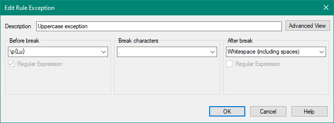 Edit Rule Exception dialog box showing settings for Uppercase exception with a regular expression before the break and a full stop as the break character.
