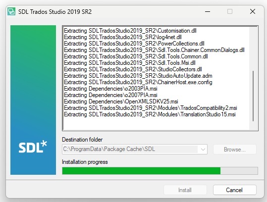 Screenshot of Trados Studio 2019 SR2 installation progress window with files being extracted and a green progress bar nearly complete.