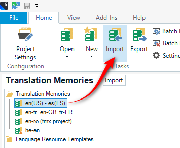 Screenshot showing the ability to select the "import" feature by selcting the TM you want to import into in the Translation Memories View