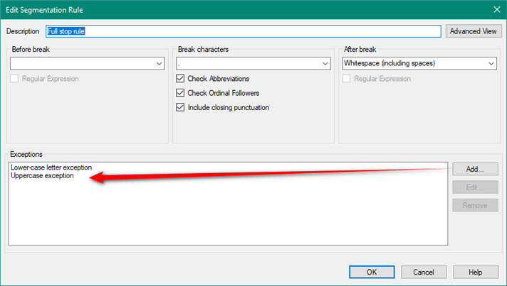 Edit Segmentation Rule dialog box with Full stop rule selected and Uppercase exception highlighted in the Exceptions section.