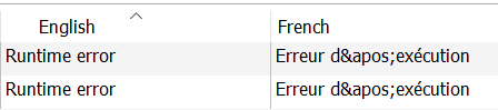 Screenshot showing Trados Studio inconsistency check results with two identical strings 'Runtime error' in English and 'Erreur d'execution' in French, displaying HTML entity for apostrophe.