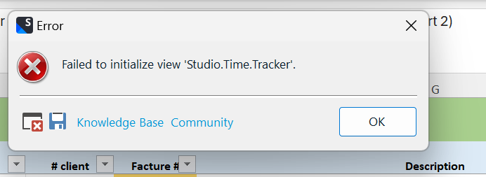 Error dialog box with a red cross icon, title 'Error', and message 'Failed to initialize view 'Studio.Time.Tracker'. Below are buttons for 'Knowledge Base' and 'Community', and an 'OK' button.